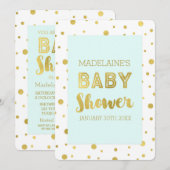 Gold Confetti Sky Blue Baby Shower Invitations (Devant / Derrière)