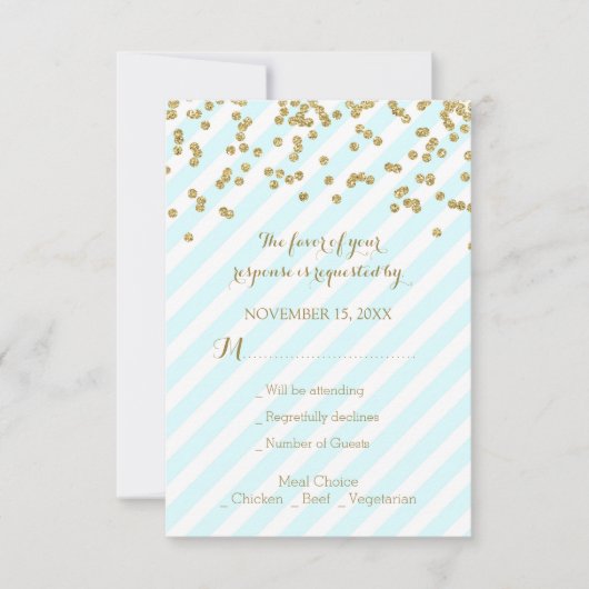 Gold Confetti Sky Blue Stripes Wedding RSVP (Voorkant)