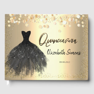 Gold Confetti Stippen, Black Dress Quinceañera Gastenboek