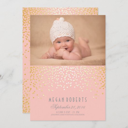Gold Confetti Stippen Roze Newborn Baby Foto geboo Aankondiging (Voorkant / Achterkant)