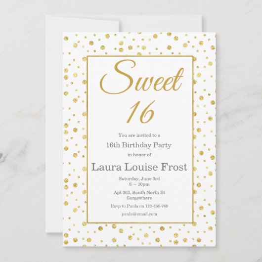 Gold Confetti Sweet 16 Anniversaire Invitation (Devant)