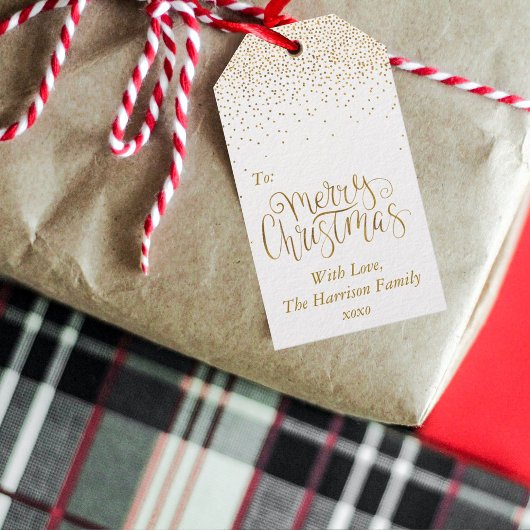 Gold Confetti Typografie Merry Kerstry Cadeaulabel