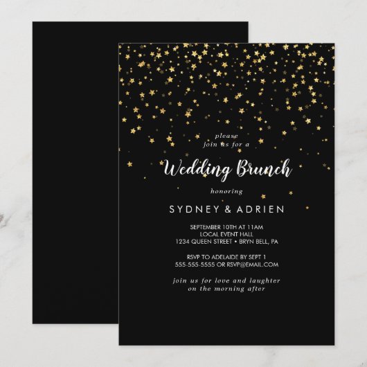 Gold Confetti | Uitnodiging voor Black Wedding Bru (Voorkant / Achterkant)