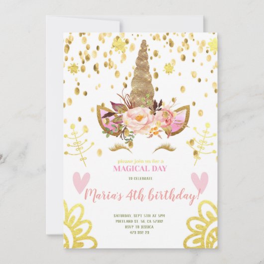 Gold Confetti Unicorn face Anniversaire Invitation (Devant)