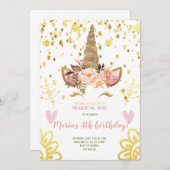 Gold Confetti Unicorn face Anniversaire Invitation (Devant / Derrière)
