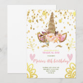 Gold Confetti Unicorn face Birthday Uitnodiging (Voorkant / Achterkant)