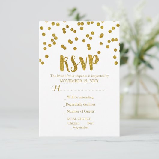 Gold Confetti Wedding Cartes RSVP (Debout devant)