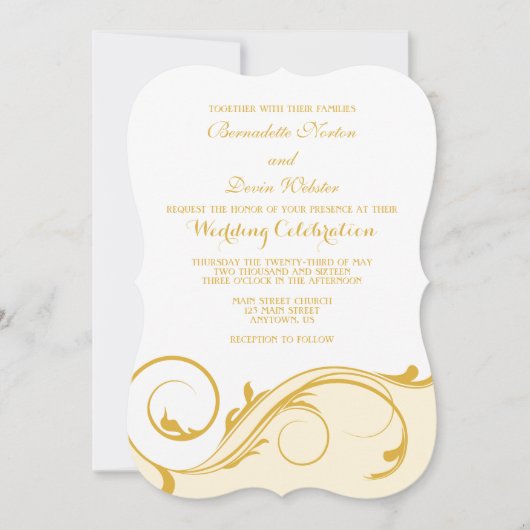 Gold Cream Floral Swirl Bracket Wedding Invitae Kaart (Voorkant)