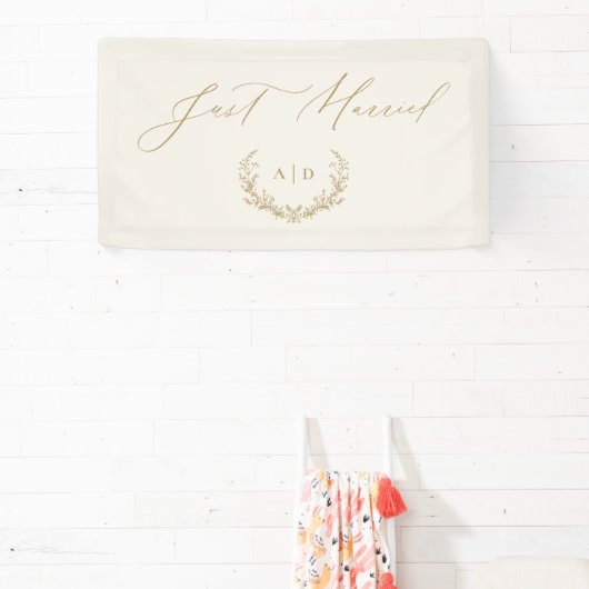 Gold & Cream Laurel Monogram Just Married Banner (Insitu)