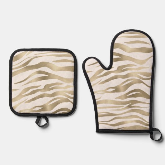 Gold Cream Zebra afdrukken Ovenwant & Pannenlap Set (Voorkant)