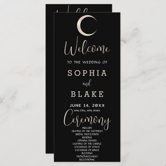 Gold Crescent Moon Celestial Black Wedding Program (Voorkant / Achterkant)