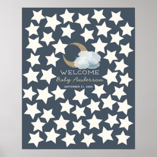 Gold Crescent Moon Midnight Blue Guest Book Sign. Poster