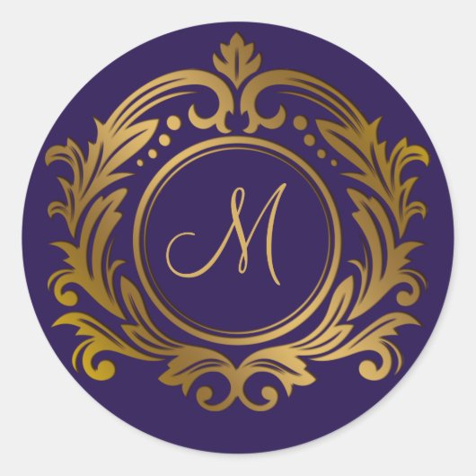 Gold Crest met Monogram Initiaal op Paars Ronde Sticker (Voorkant)