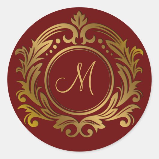 Gold Crest met Monogram Initiaal op rood Ronde Sticker (Voorkant)