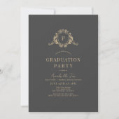 Gold Crest Monogram Donkergrijs Afstuderen Kaart (Voorkant)