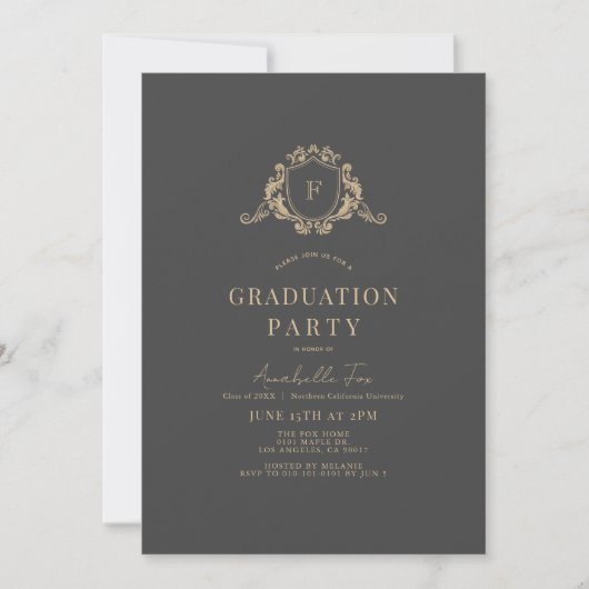 Gold Crest Monogram Donkergrijs Afstuderen Kaart (Voorkant)