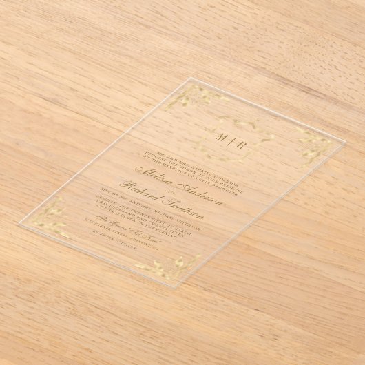 Gold Crest Monogram  Lijst bruiloft Acryl Uitnodigingen (Laagn)