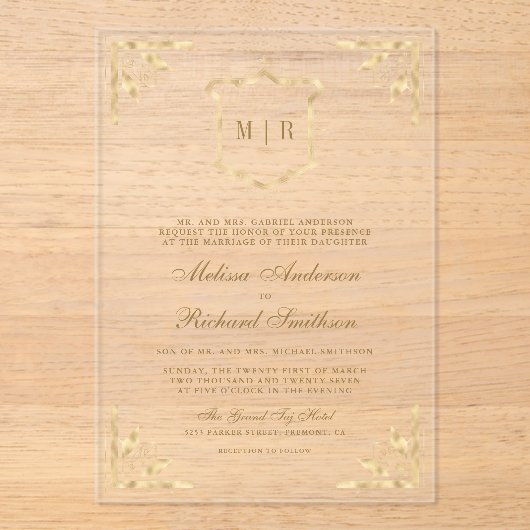 Gold Crest Monogram  Lijst bruiloft Acryl Uitnodigingen (Voorkant)