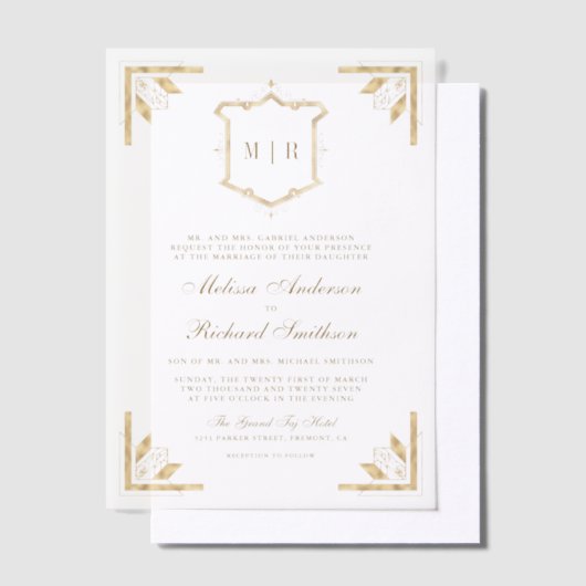Gold Crest Monogram  Lijst bruiloft Vellum Uitnodigingen (Offset)