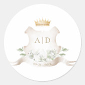 Gold Crest Royal Crown Bruiloft Monogram Ronde Sticker (Voorkant)