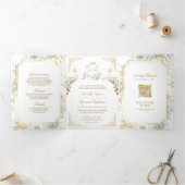 Gold Crest Royal Indian White Peacock Bruiloft Drieluik Uitnodiging (Binnen)