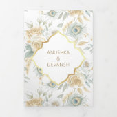 Gold Crest Royal Indian White Peacock Bruiloft Drieluik Uitnodiging (Cover)