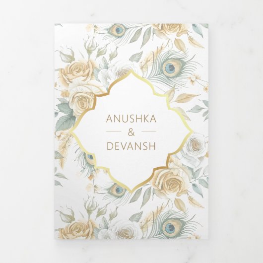 Gold Crest Royal Indian White Peacock Bruiloft Drieluik Uitnodiging (Cover)