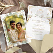 Gold Crest Royal Indian White Peacock Bruiloft Save The Date