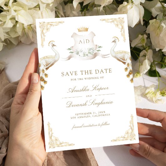 Gold Crest Royal Indian White Peacock Bruiloft Save The Date