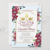 Gold Cross Burgundy Flowers First Heilige Communie Kaart (Voorkant)