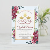 Gold Cross Burgundy Flowers First Heilige Communie Kaart (Staand voorkant)