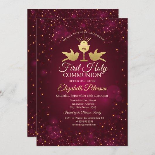 Gold Cross, Chalice Red First Heilige Communie Kaart (Voorkant / Achterkant)