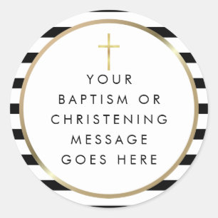 Gold Cross Chic Stripe Baptisme Christening Messag Ronde Sticker
