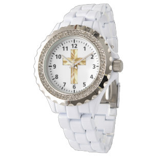 Gold Cross Custom Rhinestone White Enamel Watch Horloge