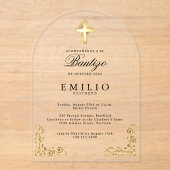 Gold Cross De Bautizo Spaans Geslacht Neutraal Wit Acryl Uitnodigingen (Voorkant)