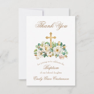 Gold Cross en Floral White Baptisme Bedankkaart