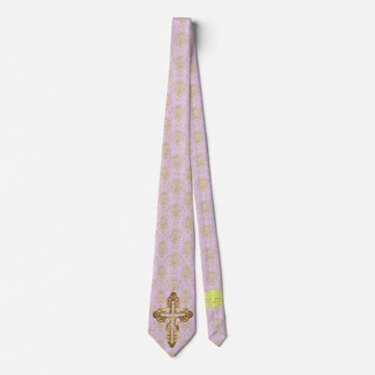 Gold Cross en Gold Damask op Lila achtergrond Stro Stropdas (Voorkant)