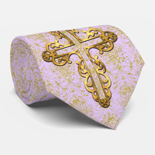 Gold Cross en Gold Damask op Lila achtergrond Stro Stropdas