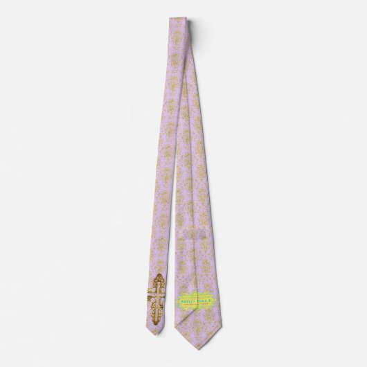 Gold Cross en Gold Damask op Lila achtergrond Stro Stropdas (Achterkant)