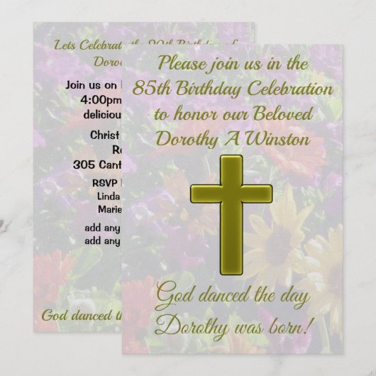 GOLD CROSS ET FLORAL 85E ANNIVERSAIRE INVITATION (Devant / Derrière)