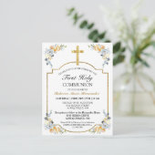 Gold Cross Floral 1ère Sainte Communion Invitation (Debout devant)