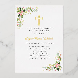 Gold cross floral first communion invitation foil  folie uitnodiging