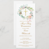 Gold Cross Floral First Holy Communion Invitation (Devant / Derrière)