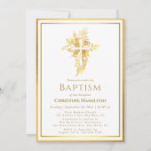 Gold Cross Floral Frame Baptism Invitation (Devant)