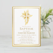 Gold Cross Floral Frame Baptism Invitation (Debout devant)