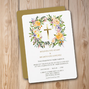 Gold Cross Floral Wreath Faire-part de mariage
