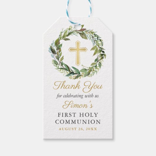 Gold Cross Greenery Wreath First Heilige Communie Cadeaulabel (Voorkant)