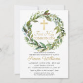 Gold Cross Greenery Wreath First Heilige Communie Kaart (Voorkant)