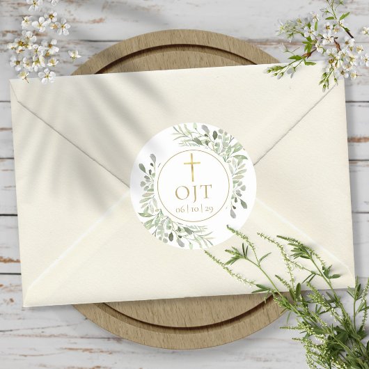 Gold Cross Monogram Initialen Greenery Ronde Sticker