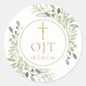 Gold Cross Monogram Initialen Greenery Ronde Sticker (Voorkant)